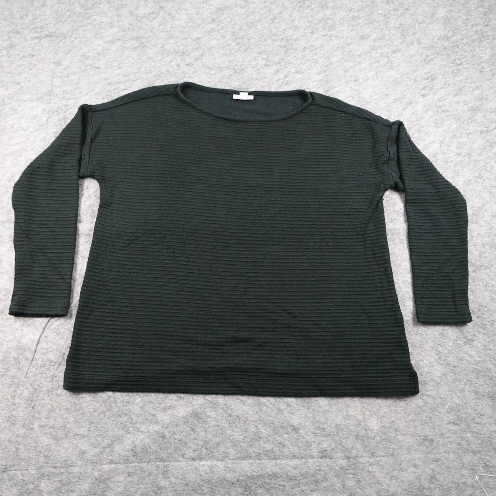 J Jill Top Womens Medium Petite Green Textured Ribbed Blouse Crew Neck Long Slv